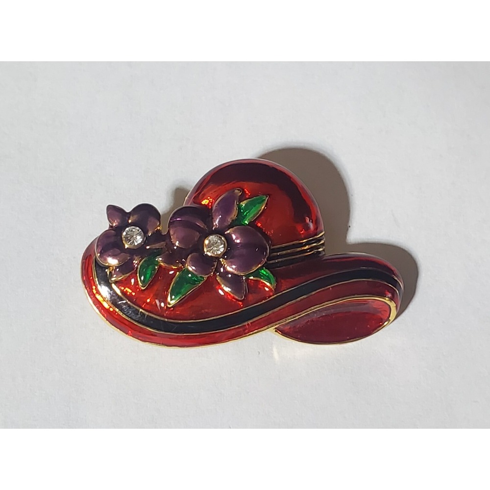 Vintage Red Hat Floral Gold Tone Brooch Pin Signed FL